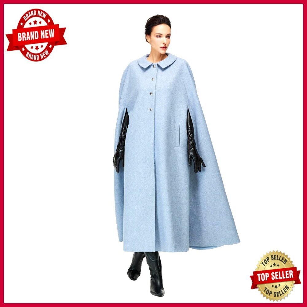 Wool Blend Cape Coat with Pockets Full Length Single Breasted Winter Jacket